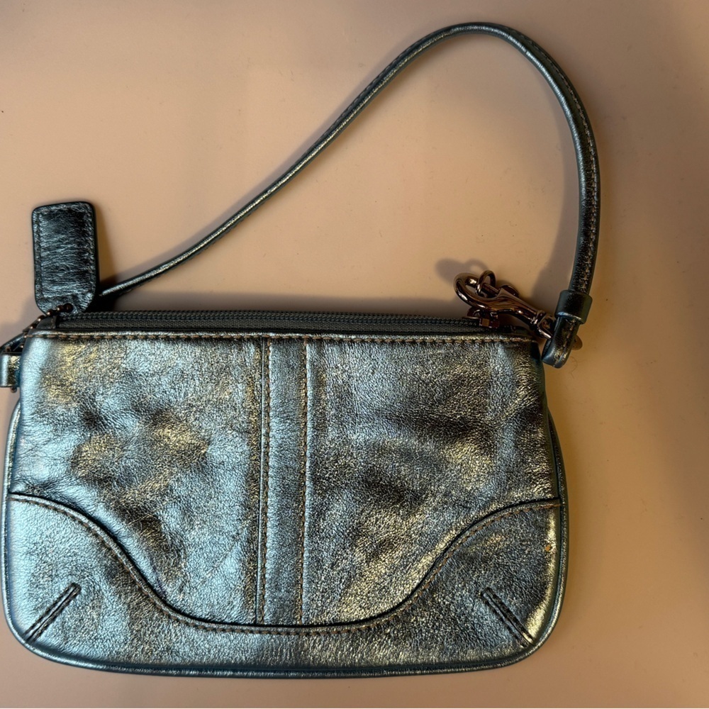 Coach Metallic Blue Leather Wristlet Clutch Small Zip Pouch - Picture 3 of 3